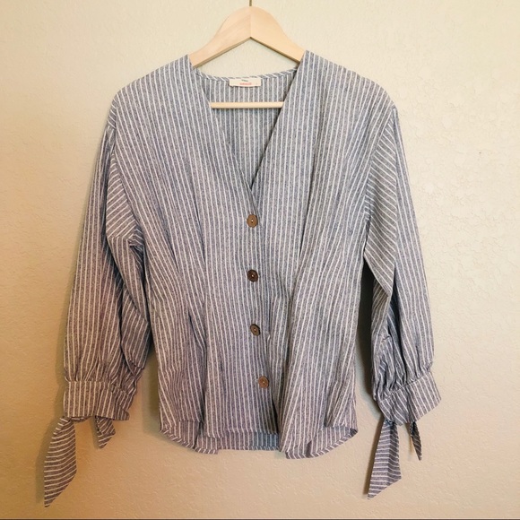 Grey Stripe Button Long Sleeve V-NeckTop - Picture 4 of 4